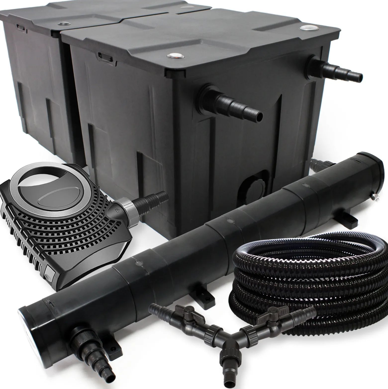 SunSun Komplettset: CBF-350B Teichfilter bis 60000 L Teichfilteranlage Durchlauffilter, NEO10000 Teichpumpe 10000l/h 80W, CUV-272 Teichklärer UVC Klärer mit 72W, 25m Teichschlauch 25 mm, Y-Verteiler