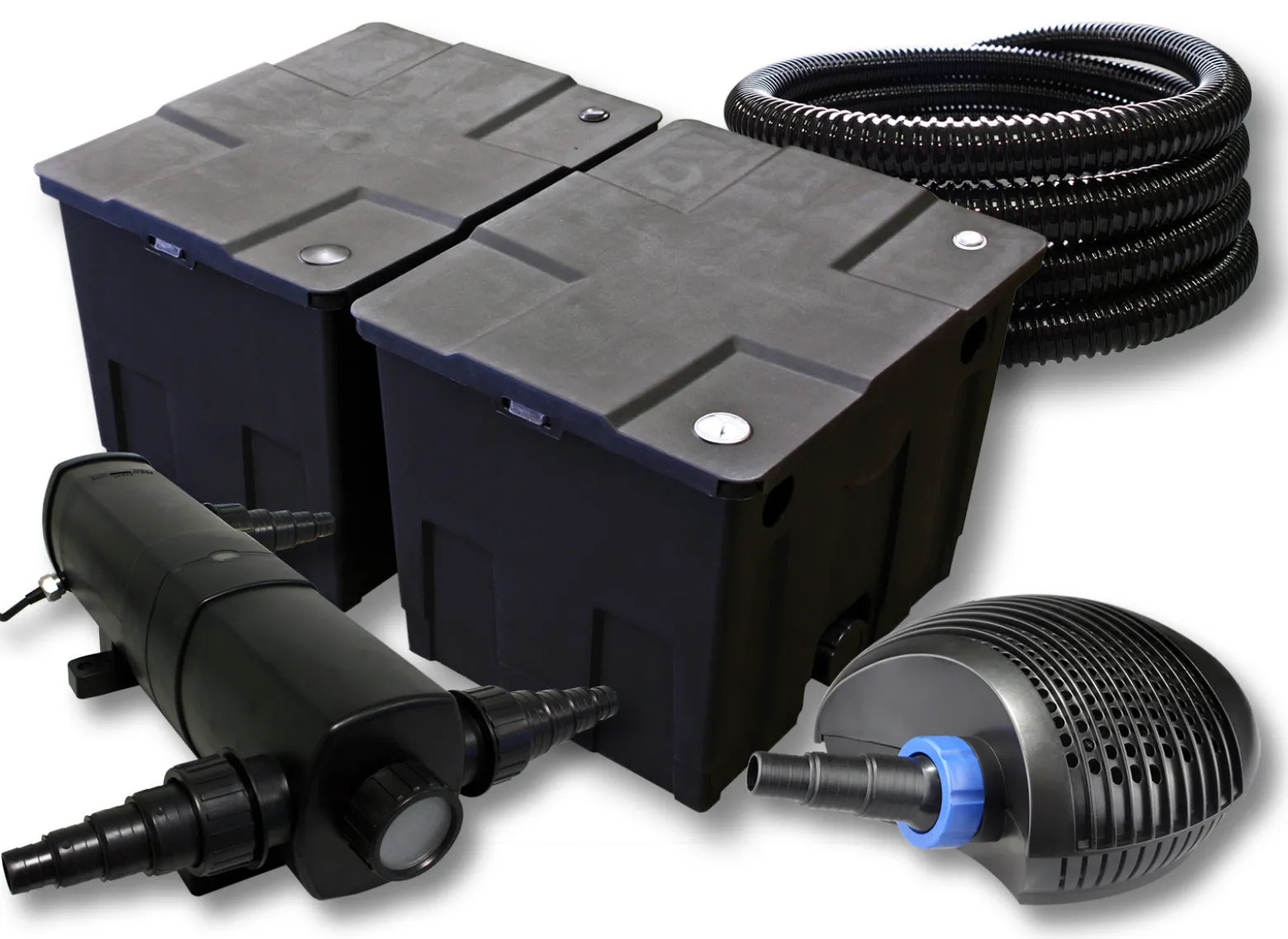 SunSun Komplettset: CBF-350B Teichfilter bis 60000 L Teichfilteranlage als Durchlauffilter, CTF-6000 SuperECO Teichpumpe 6000l/h 40W, CUV-236 Teichklärer UVC Klärer mit 36W, 25m Teichschlauch 25 mm