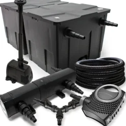 SunSun Komplettset: CBF-350B Teichfilter bis 60000 L Teichfilteranlage, NEO10000 Teichpumpe 10000l/h 80W, CUV-236 Teichklärer 36W, 25m Teichschlauch 25 mm, HJ-943 Springbrunnen 800l/h 16W, Y-Verteiler