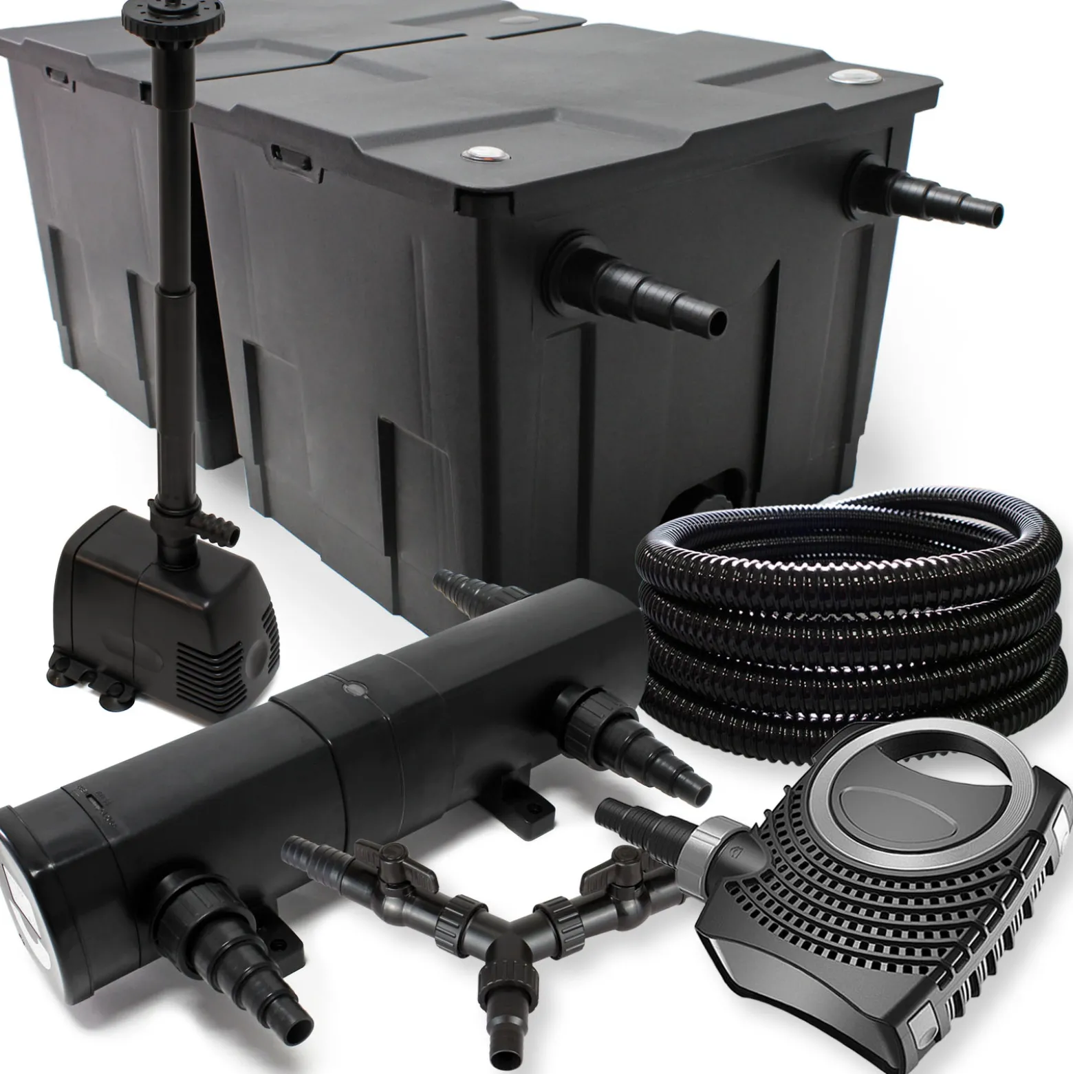 SunSun Komplettset: CBF-350B Teichfilter bis 60000 L Teichfilteranlage, NEO10000 Teichpumpe 10000l/h 80W, CUV-236 Teichklärer 36W, 25m Teichschlauch 25 mm, HJ-943 Springbrunnen 800l/h 16W, Y-Verteiler