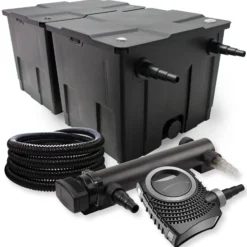 SunSun Komplettset: CBF-350B Teichfilter bis 60000 L Teichfilteranlage als Durchlauffilter, NEO10000 SuperECO Teichpumpe 10000l/h 80W, CUV-336 Teichklärer UVC Klärer mit 36W, 25m Teichschlauch 25 mm