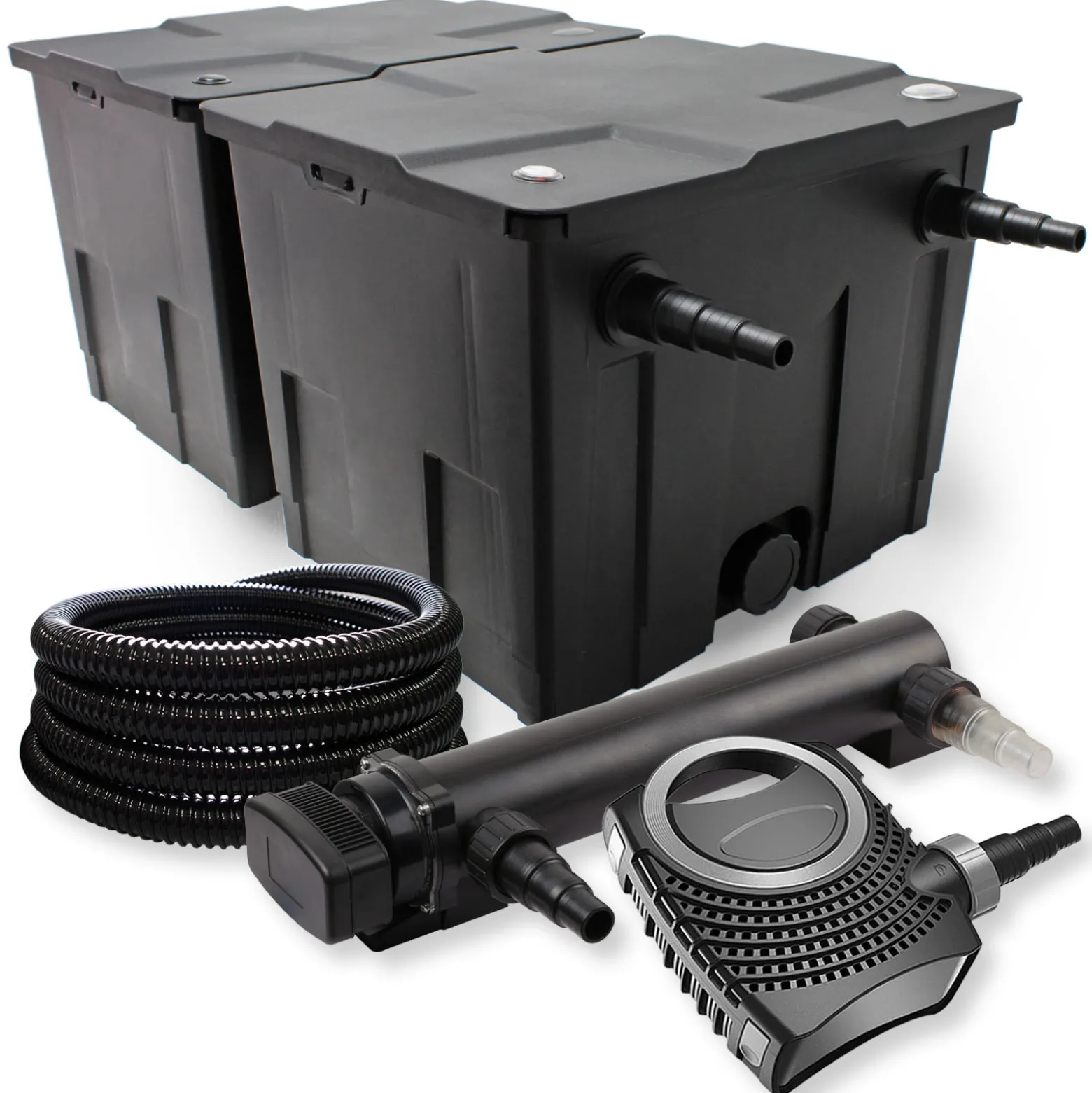 SunSun Komplettset: CBF-350B Teichfilter bis 60000 L Teichfilteranlage als Durchlauffilter, NEO10000 SuperECO Teichpumpe 10000l/h 80W, CUV-336 Teichklärer UVC Klärer mit 36W, 25m Teichschlauch 25 mm