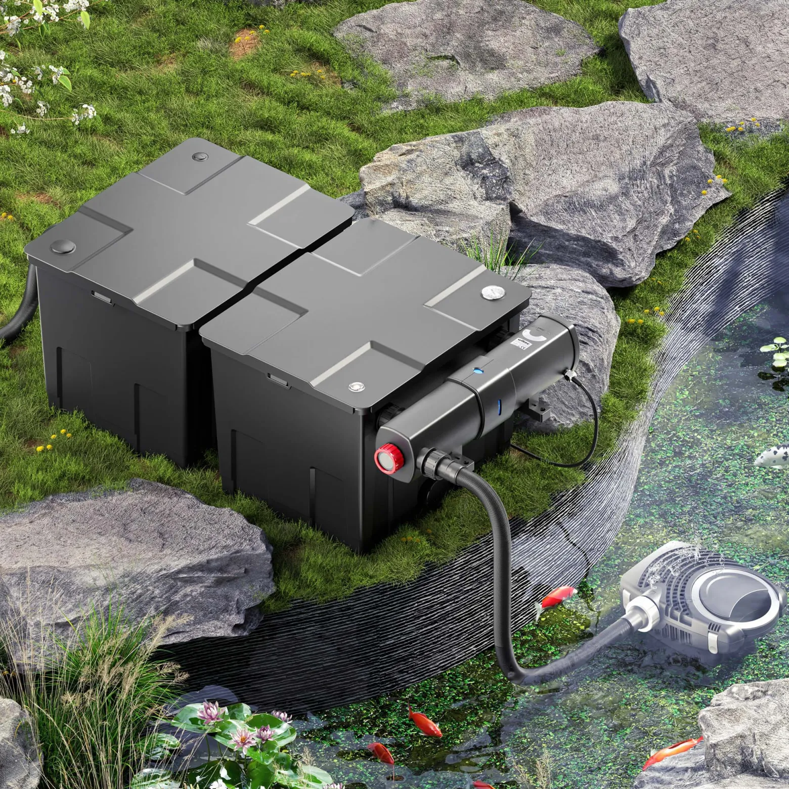 SunSun Komplettset: CBF-350B Teichfilter bis 60000 L Teichfilteranlage Durchlauffilter, NEO12000 Teichpumpe 12000l/h 100W, CUV-224 Teichklärer 24W, 10m Teichschlauch 38 mm, Schlauchschellen W1 44-47mm