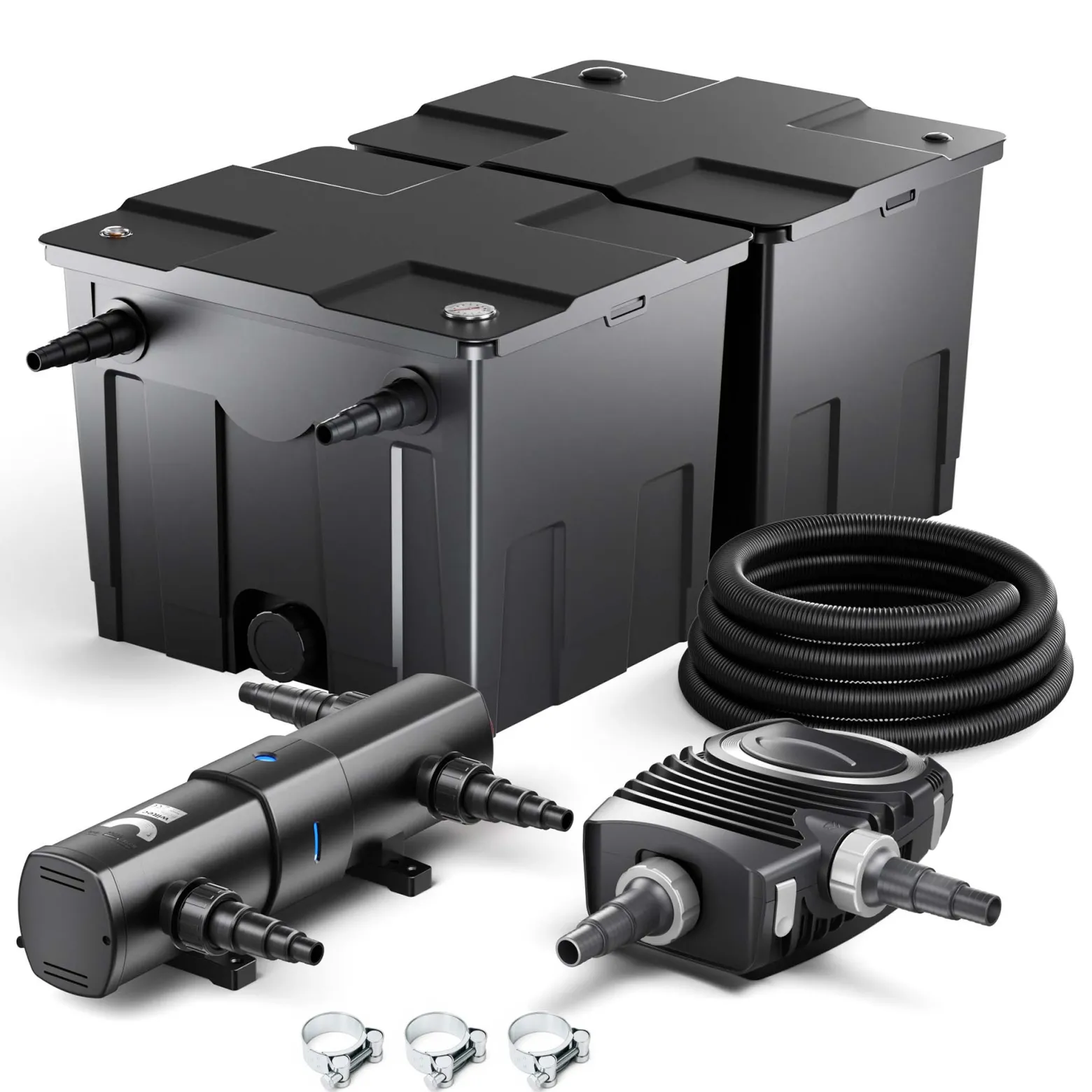 SunSun Komplettset: CBF-350B Teichfilter bis 60000 L Teichfilteranlage Durchlauffilter, NEO12000 Teichpumpe 12000l/h 100W, CUV-224 Teichklärer 24W, 10m Teichschlauch 38 mm, Schlauchschellen W1 44-47mm