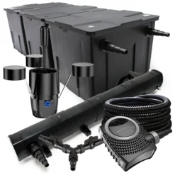 SunSun Komplettset: CBF-350C Teichfilter bis 90000 L Teichfilteranlage, NEO10000 Teichpumpe 10000l/h 80W, CUV-272 Teichklärer 72W, 25m Teichschlauch 25 mm, CSP-250 Skimmer 2500l/h 45W, Y-Verteiler
