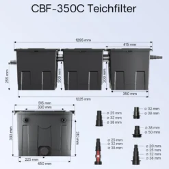 SunSun Komplettset: CBF-350C Teichfilter bis 90000 L Teichfilteranlage als Durchlauffilter, NEO10000 SuperECO Teichpumpe 10000l/h 80W, CUV-236 Teichklärer UVC Klärer mit 36W, Y-Verteiler