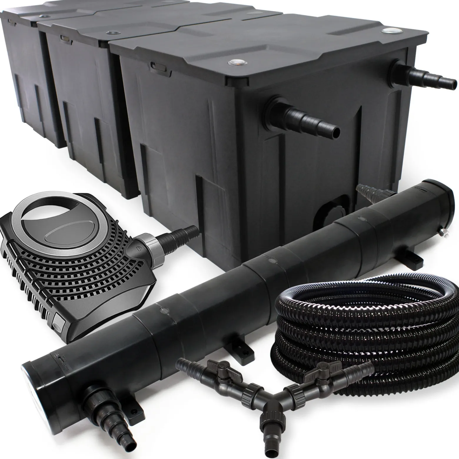 SunSun Komplettset: CBF-350C Teichfilter bis 90000L Teichfilteranlage als Durchlauffilter, CTF-8000 Teichpumpe 8000l/h 70W, CUV-272 Teichklärer UVC Klärer mit 72W, 25m Teichschlauch 25 mm, Y-Verteiler