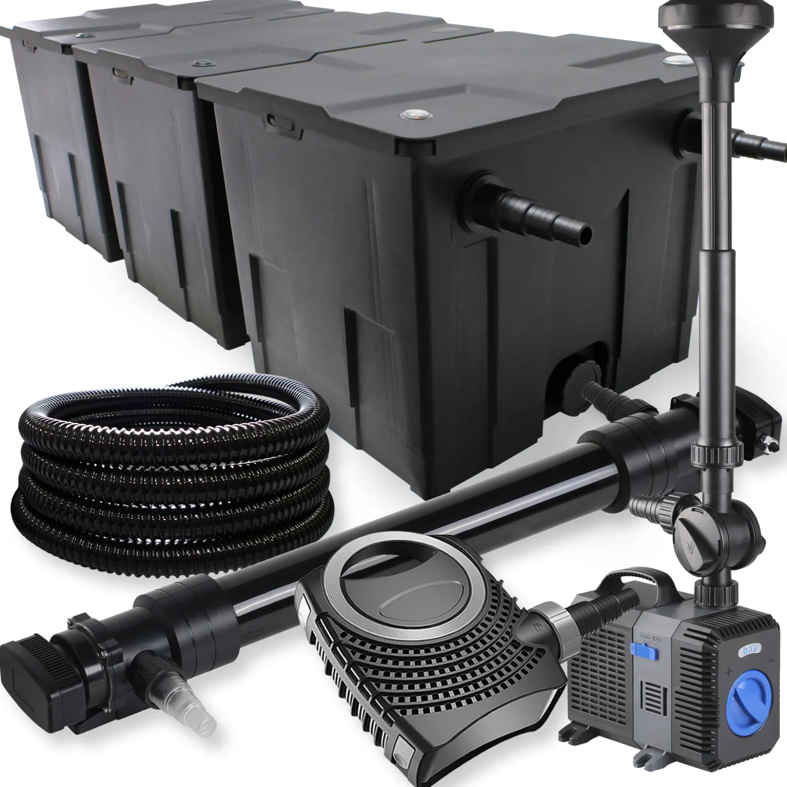 SunSun Komplettset: CBF-350C Teichfilter bis 90000 L Teichfilteranlage, NEO10000 Teichpumpe 10000l/h 80W, CUV-672 Teichklärer 72W, 25m Teichschlauch 25 mm, CTP-5003 Springbrunnen 5000l/h 30W