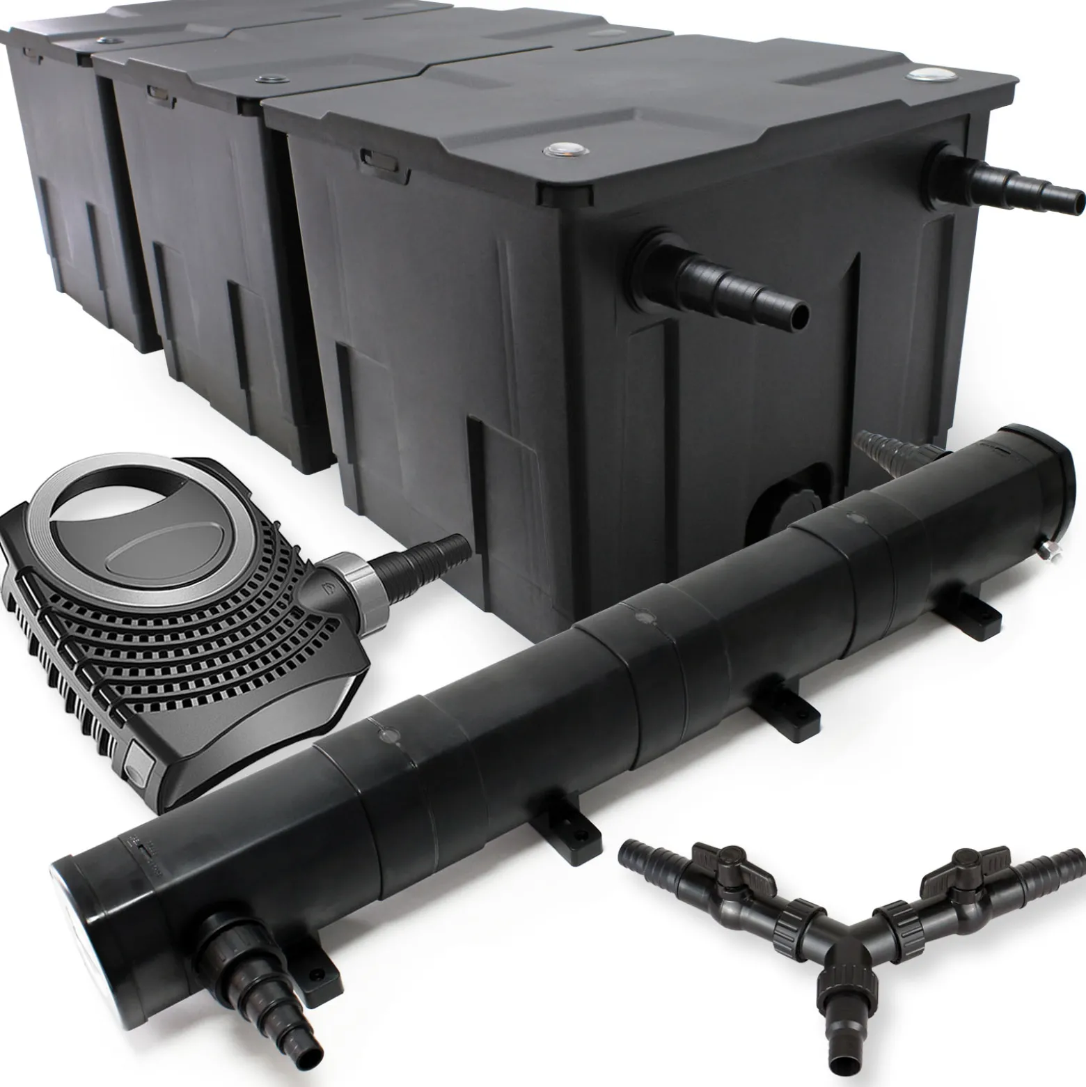 SunSun Komplettset: CBF-350C Teichfilter bis 90000 L Teichfilteranlage als Durchlauffilter, NEO10000 SuperECO Teichpumpe 10000l/h 80W, CUV-272 Teichklärer UVC Klärer mit 72W, Y-Verteiler