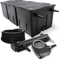 SunSun Komplettset: CBF-350C Teichfilter bis 90000 L Teichfilteranlage als Durchlauffilter, NEO10000 SuperECO Teichpumpe 10000l/h 80W, CUV-336 Teichklärer UVC Klärer mit 36W, 25m Teichschlauch 25 mm