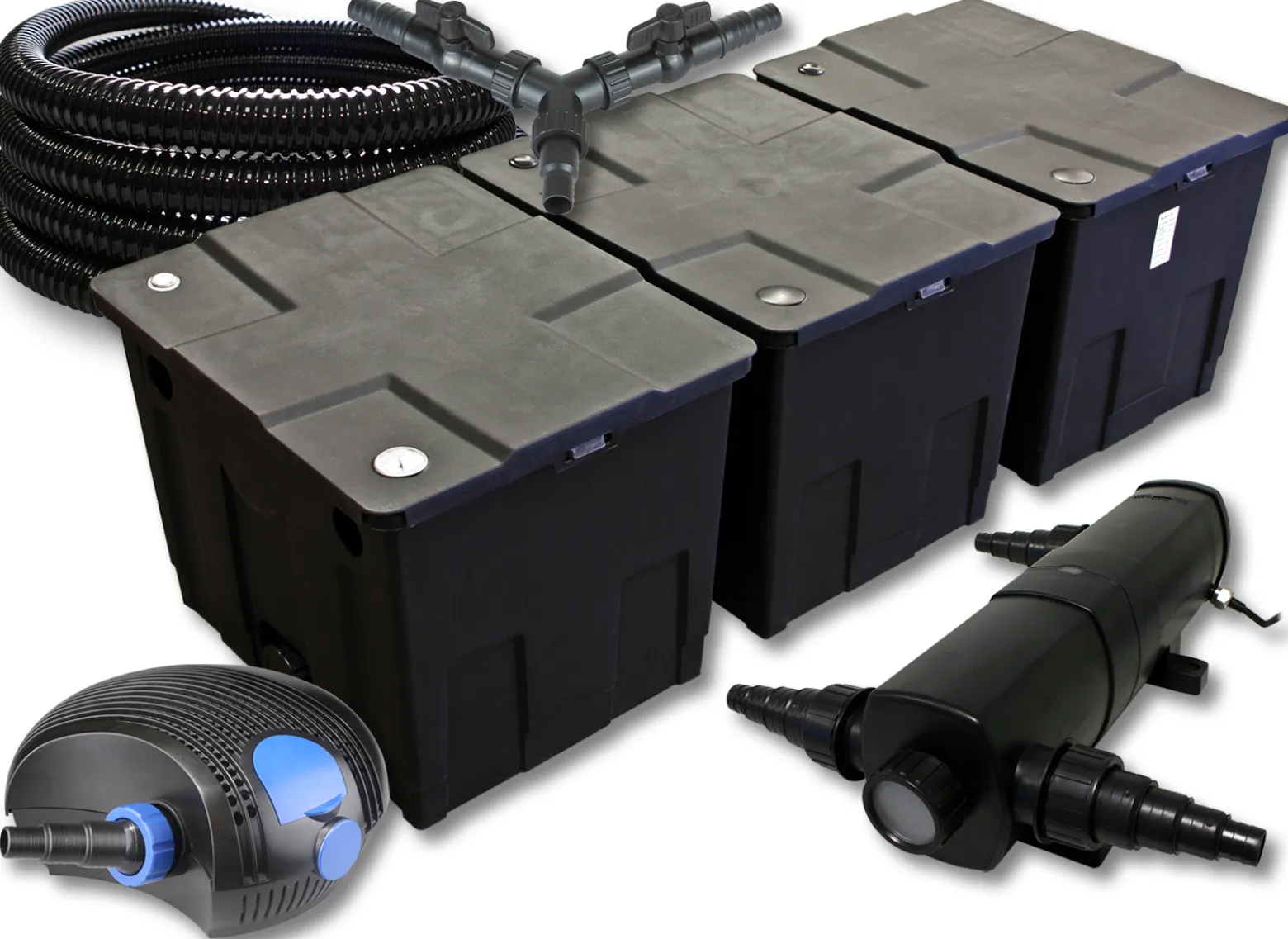 SunSun Komplettset: CBF-350C Teichfilter bis 90000 L Teichfilteranlage Durchlauffilter, CTF-12000 Teichpumpe 12000l/h 100W, CUV-236 Teichklärer UVC Klärer mit 36W, 25m Teichschlauch 25 mm, Y-Verteiler