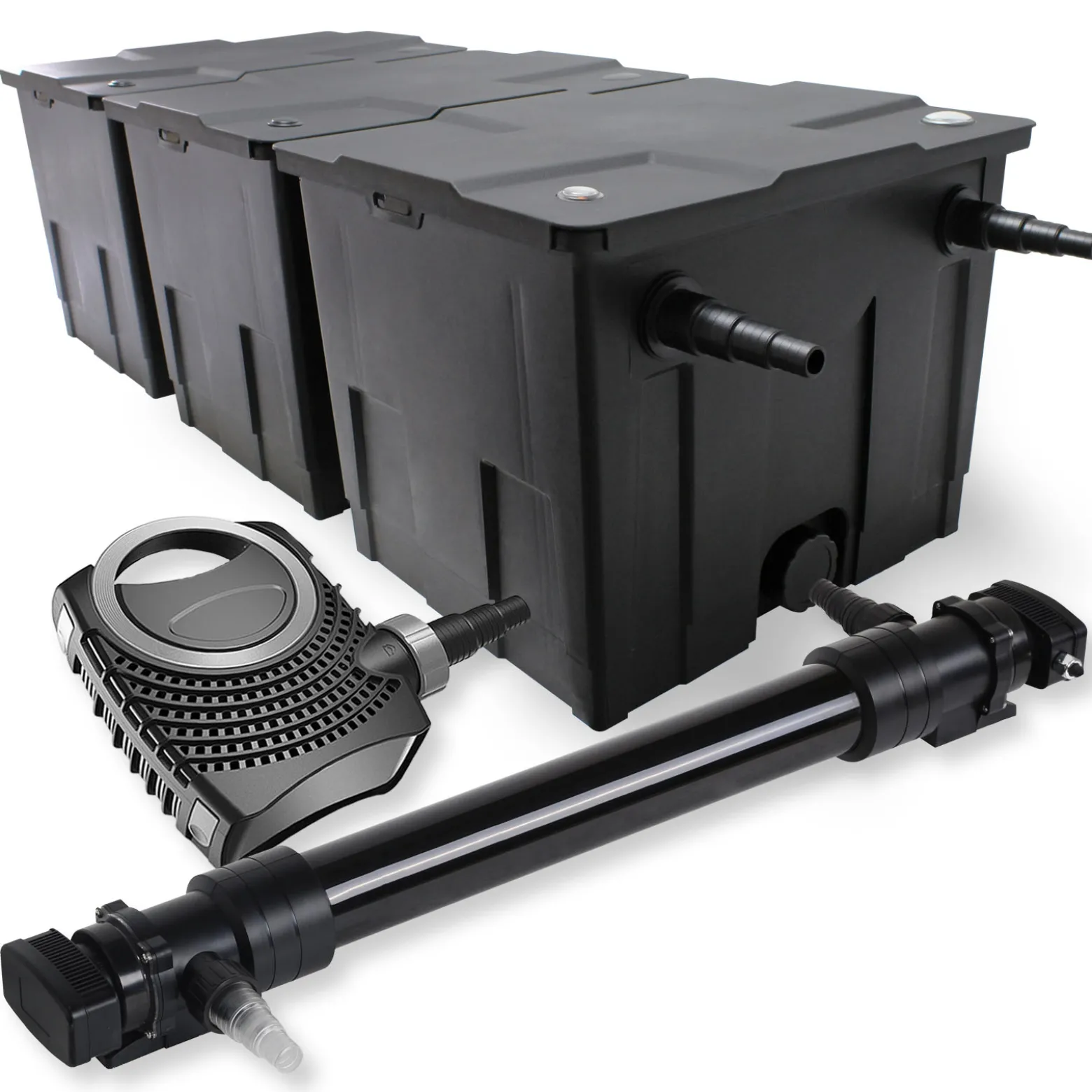 SunSun Komplettset: CBF-350C Teichfilter bis 90000 L Teichfilteranlage als Durchlauffilter, NEO10000 SuperECO Teichpumpe 10000l/h 80W, CUV-672 Teichklärer UVC Klärer mit 72W