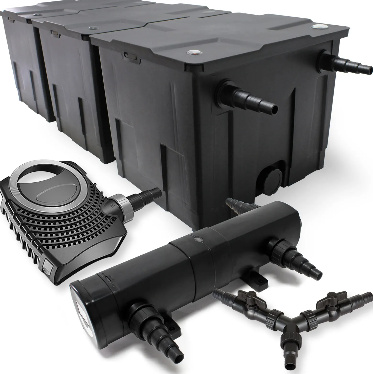 SunSun Komplettset: CBF-350C Teichfilter bis 90000 L Teichfilteranlage als Durchlauffilter, NEO10000 SuperECO Teichpumpe 10000l/h 80W, CUV-224 Teichklärer UVC Klärer mit 24W, Y-Verteiler