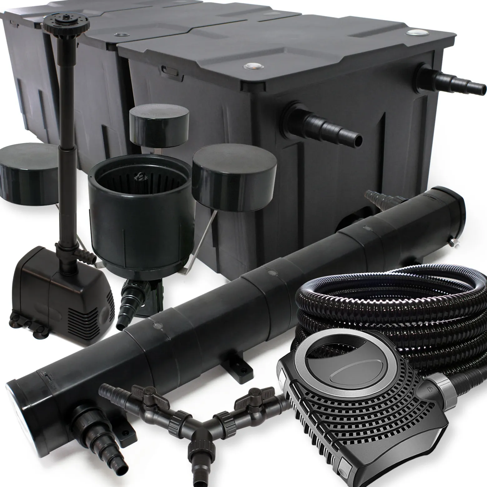 SunSun Komplettset: CBF-350C Teichfilter bis 90000 L, NEO10000 Teichpumpe 10000l/h 80W, CUV-272 Teichklärer 72W, 25m Schlauch 25mm, CSP-250 Skimmer 2500l/h, HJ-943 Springbrunnen 800l/h, Y-Verteiler