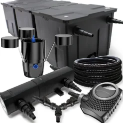 SunSun Komplettset: CBF-350C Teichfilter bis 90000 L Teichfilteranlage, NEO10000 Teichpumpe 10000l/h 80W, CUV-236 Teichklärer 36W, 25m Teichschlauch 25 mm, CSP-250 Skimmer 2500l/h 45W, Y-Verteiler