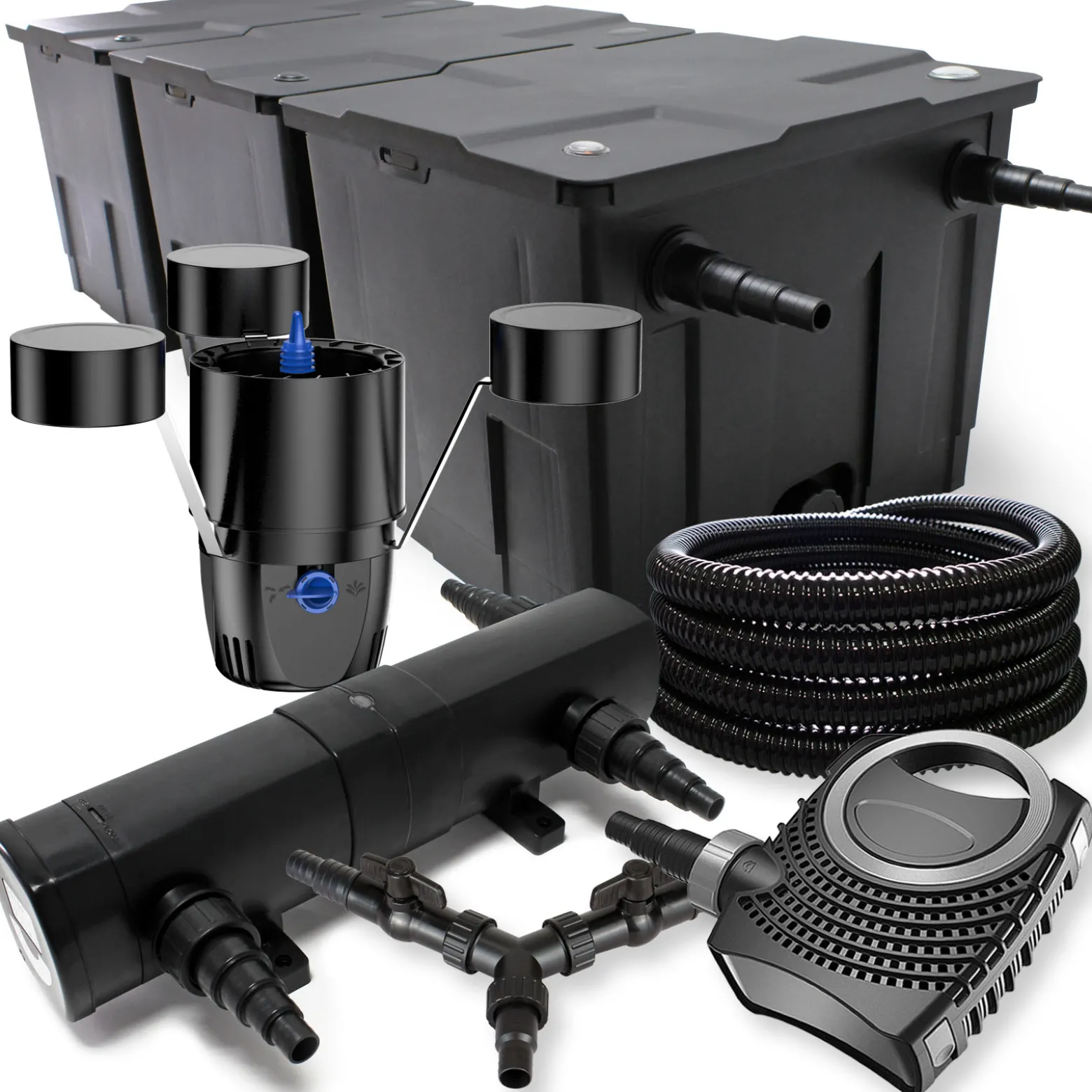 SunSun Komplettset: CBF-350C Teichfilter bis 90000 L Teichfilteranlage, NEO10000 Teichpumpe 10000l/h 80W, CUV-236 Teichklärer 36W, 25m Teichschlauch 25 mm, CSP-250 Skimmer 2500l/h 45W, Y-Verteiler