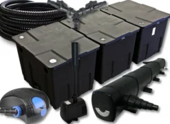 SunSun Komplettset: CBF-350C Teichfilter bis 90000L Teichfilteranlage, CTF-12000 Teichpumpe 12000l/h 100W, CUV-272 Teichklärer 72W, 25m Teichschlauch 25mm, HJ-943 Springbrunnen 800l/h 16W, Y-Verteiler