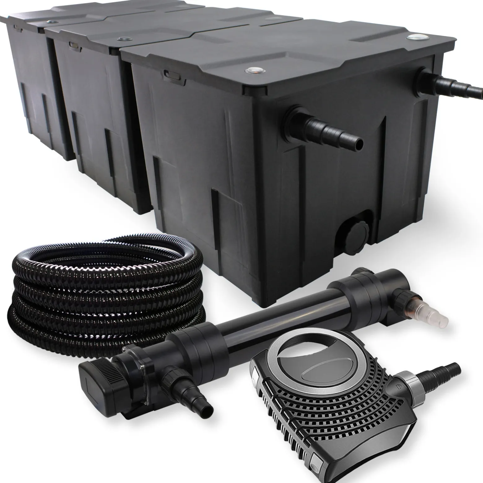 SunSun Komplettset: CBF-350C Teichfilter bis 90000 L Teichfilteranlage als Durchlauffilter, NEO10000 SuperECO Teichpumpe 10000l/h 80W, CUV-636 Teichklärer UVC Klärer mit 36W, 25m Teichschlauch 25 mm