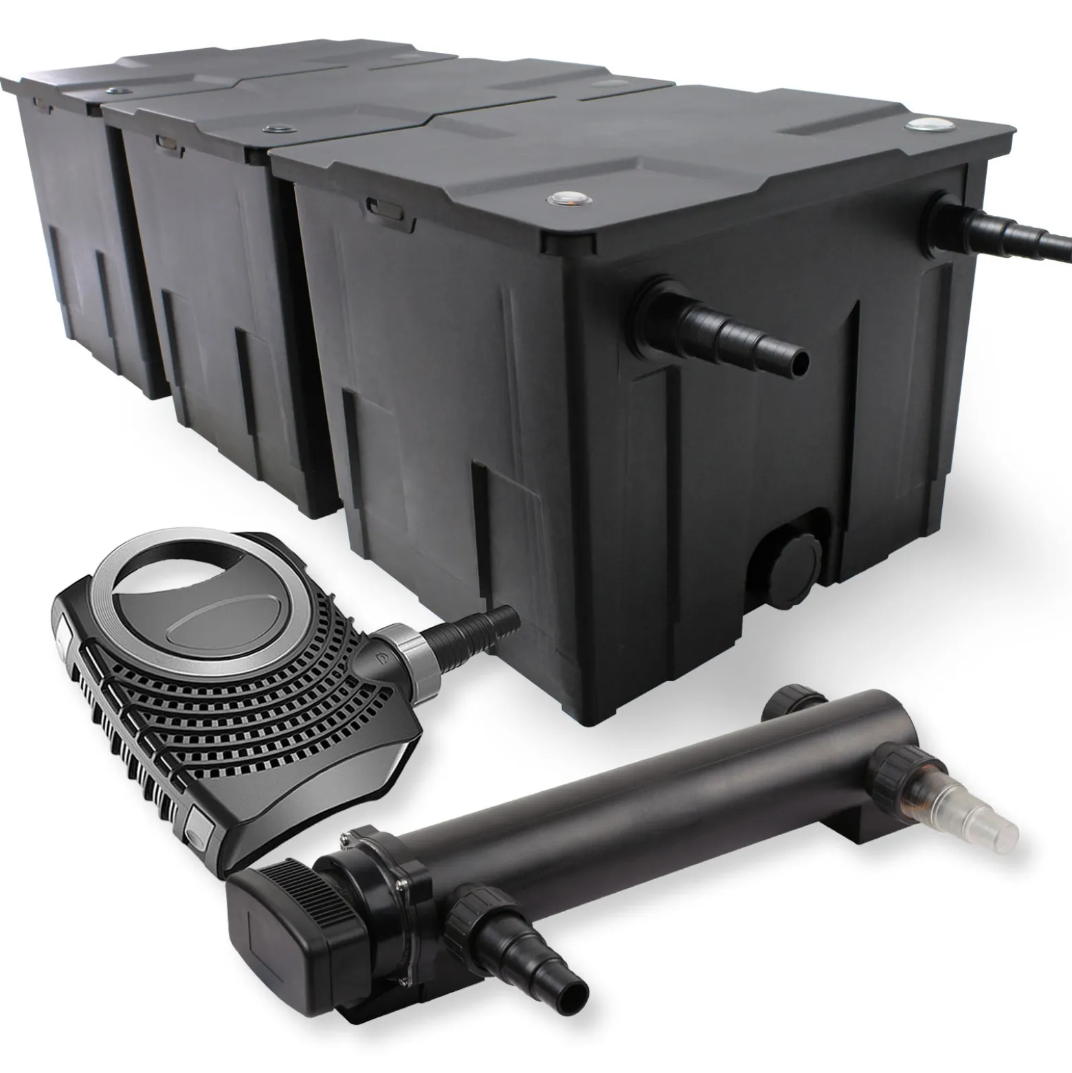 SunSun Komplettset: CBF-350C Teichfilter bis 90000 L Teichfilteranlage als Durchlauffilter, NEO10000 SuperECO Teichpumpe 10000l/h 80W, CUV-336 Teichklärer UVC Klärer mit 36W