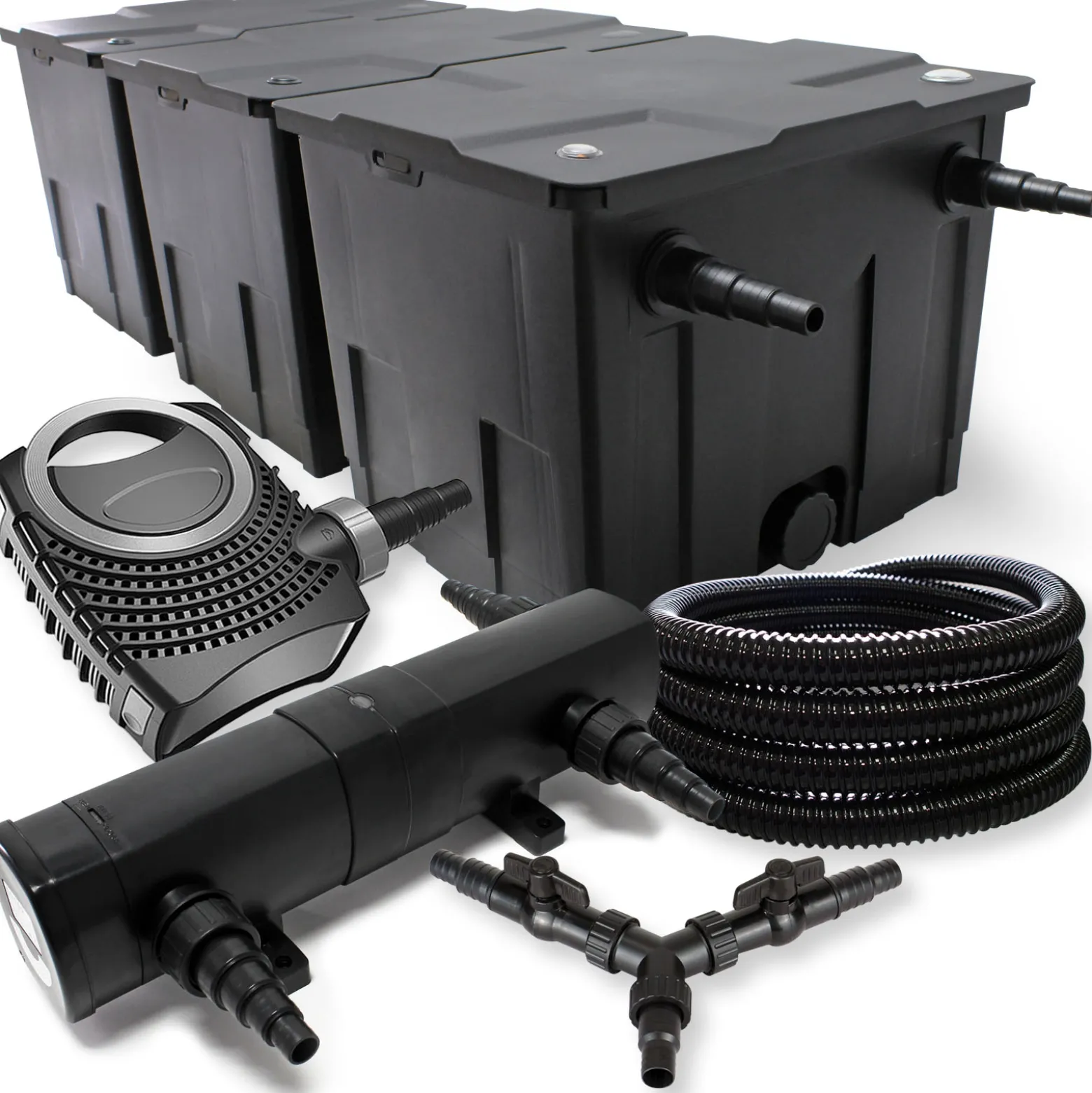 SunSun Komplettset: CBF-350C Teichfilter bis 90000L Teichfilteranlage als Durchlauffilter, CTF-8000 Teichpumpe 8000l/h 70W, CUV-236 Teichklärer UVC Klärer mit 36W, 25m Teichschlauch 25 mm, Y-Verteiler