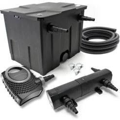 SunSun Komplettset: CBF-350 Teichfilter bis 12000L Teichfilteranlage Durchlauffilter, NEO6000 Teichpumpe 6000l/h 40W, CUV-224 Teichklärer 24W, 5m Teichschlauch 38 mm (1 1/2"), Schlauchschellen 44-47mm