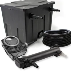 SunSun Komplettset: CBF-350 Teichfilter bis 12000 L Teichfilteranlage als Durchlauffilter, NEO10000 SuperECO Teichpumpe 10000l/h 80W, CUV-336 Teichklärer UVC Klärer mit 36W, 25m Teichschlauch 25 mm