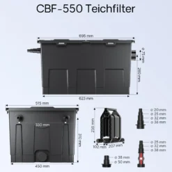 SunSun Komplettset: CBF-550 Teichfilter bis 60000 L Teichfilteranlage als Durchlauffilter, CTF-8000 SuperECO Teichpumpe 8000l/h 70W, CUV-236 Teichklärer UVC Klärer mit 36W, Y-Verteiler