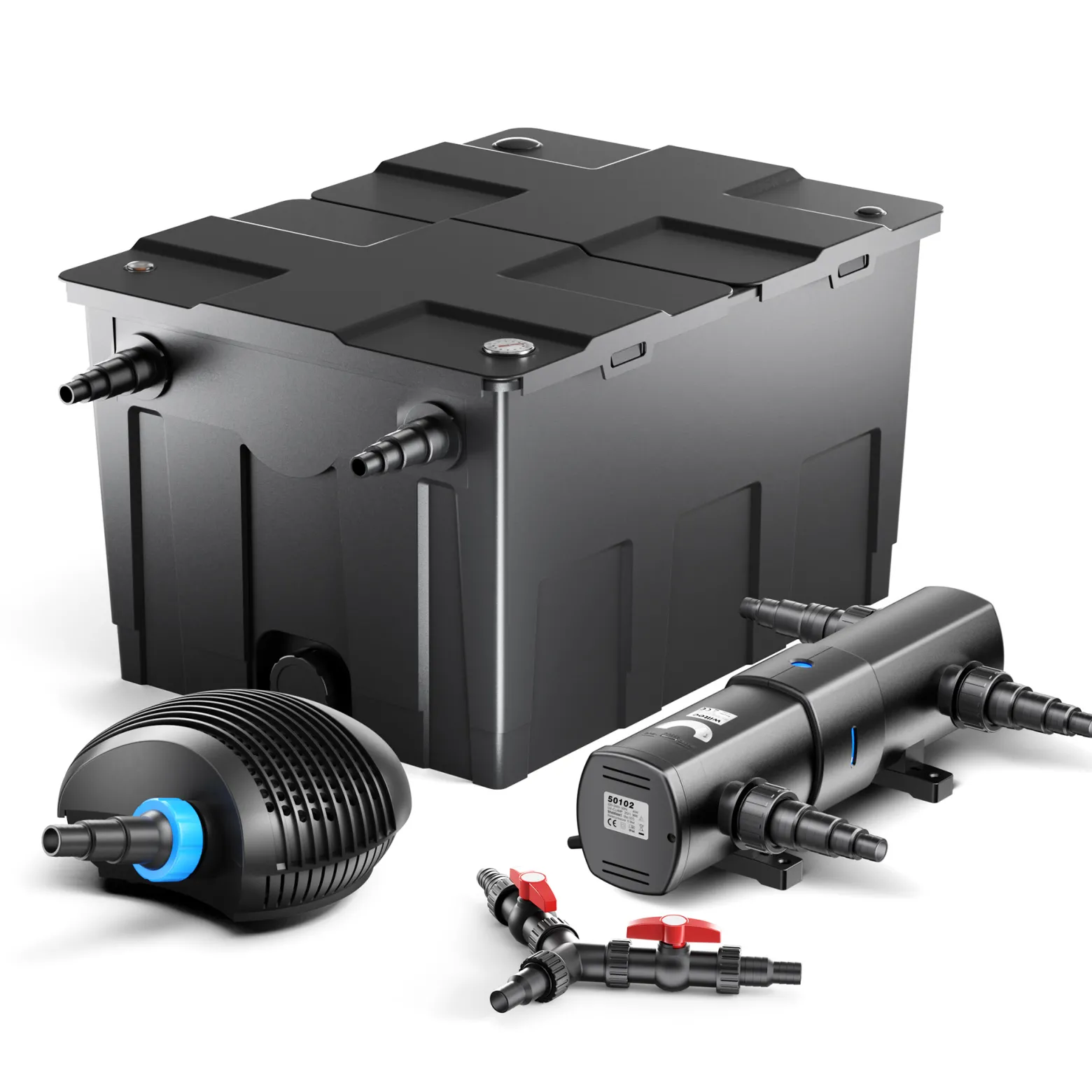 SunSun Komplettset: CBF-550 Teichfilter bis 60000 L Teichfilteranlage als Durchlauffilter, CTF-8000 SuperECO Teichpumpe 8000l/h 70W, CUV-236 Teichklärer UVC Klärer mit 36W, Y-Verteiler
