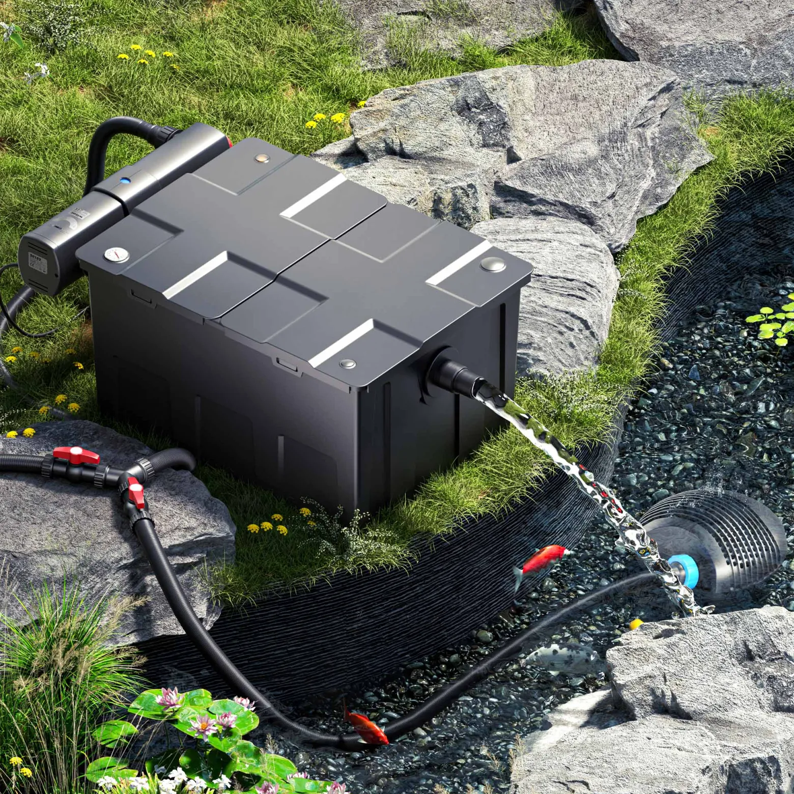 SunSun Komplettset: CBF-550 Teichfilter bis 60000 L Teichfilteranlage als Durchlauffilter, CTF-8000 SuperECO Teichpumpe 8000l/h 70W, CUV-236 Teichklärer UVC Klärer mit 36W, Y-Verteiler