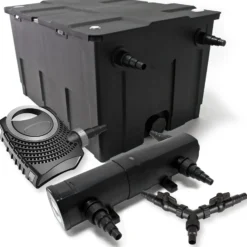 SunSun Komplettset: CBF-550 Teichfilter bis 60000 L Teichfilteranlage als Durchlauffilter, NEO10000 SuperECO Teichpumpe 10000l/h 80W, CUV-224 Teichklärer UVC Klärer mit 24W, Y-Verteiler