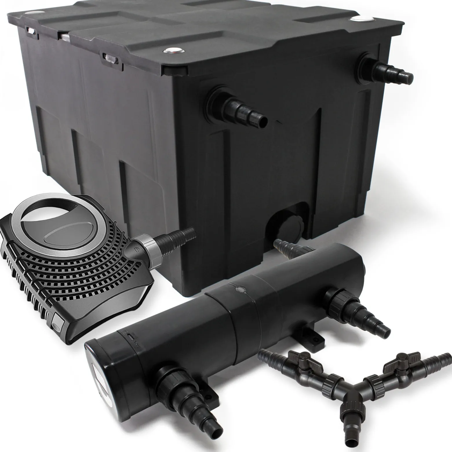 SunSun Komplettset: CBF-550 Teichfilter bis 60000 L Teichfilteranlage als Durchlauffilter, NEO10000 SuperECO Teichpumpe 10000l/h 80W, CUV-224 Teichklärer UVC Klärer mit 24W, Y-Verteiler
