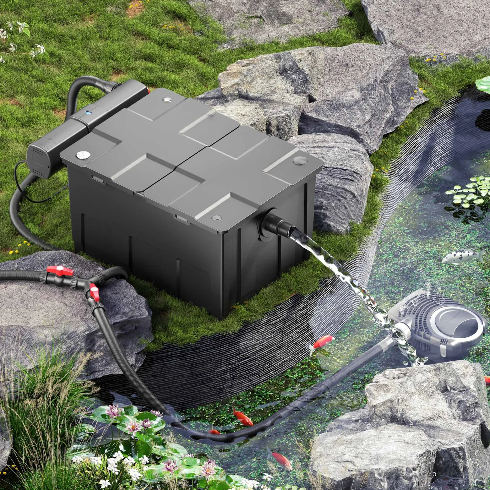 SunSun Komplettset: CBF-550 Teichfilter bis 60000L Teichfilteranlage als Durchlauffilter, NEO10000 Teichpumpe 10000l/h 80W, CUV-236 Teichklärer UVC Klärer mit 36W, 25m Teichschlauch 25 mm, Y-Verteiler