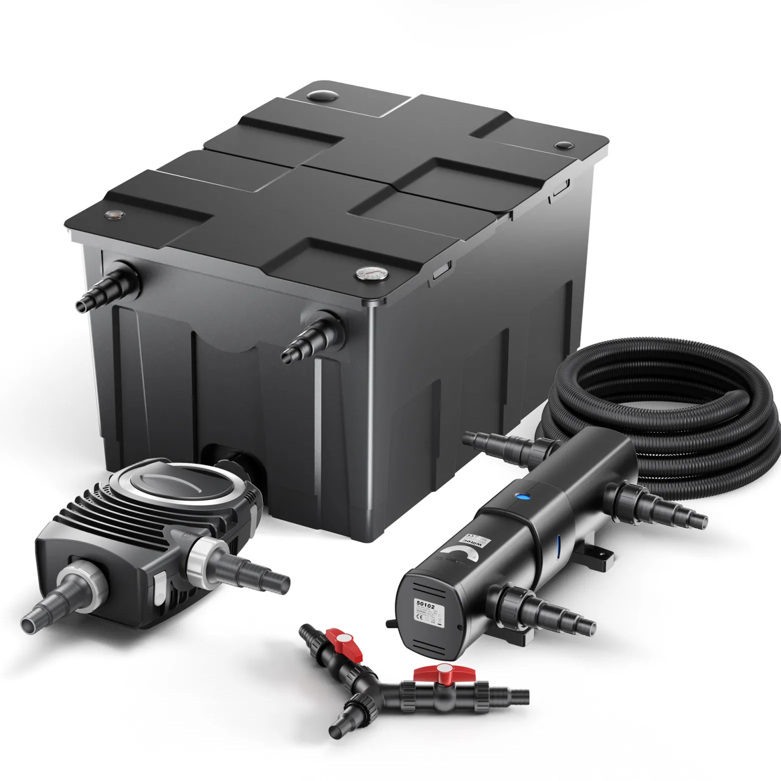 SunSun Komplettset: CBF-550 Teichfilter bis 60000L Teichfilteranlage als Durchlauffilter, NEO10000 Teichpumpe 10000l/h 80W, CUV-236 Teichklärer UVC Klärer mit 36W, 25m Teichschlauch 25 mm, Y-Verteiler
