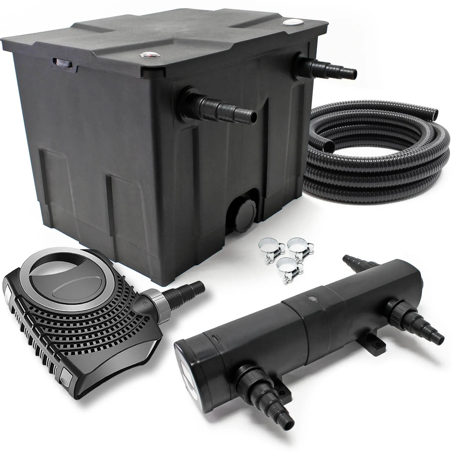 SunSun Komplettset: CBF-350 Teichfilter bis 12000L Teichfilteranlage Durchlauffilter, NEO3800 Teichpumpe 3600l/h 20W, CUV-236 Teichklärer 36W, 5m Teichschlauch 38 mm (1 1/2"), Schlauchschellen 44-47mm