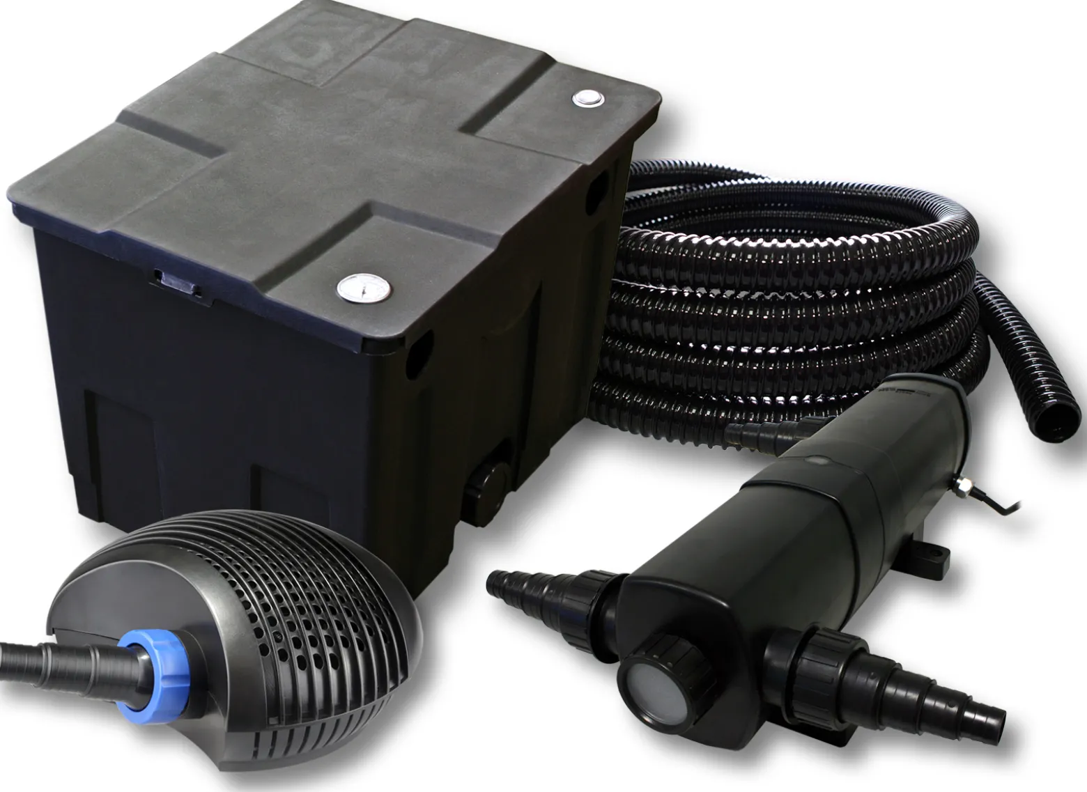 SunSun Komplettset: CBF-350 Teichfilter bis 12000 L Teichfilteranlage als Durchlauffilter, CTF-3800 SuperECO Teichpumpe 3600l/h 20W, CUV-236 Teichklärer UVC Klärer mit 36W, 25m Teichschlauch 25 mm