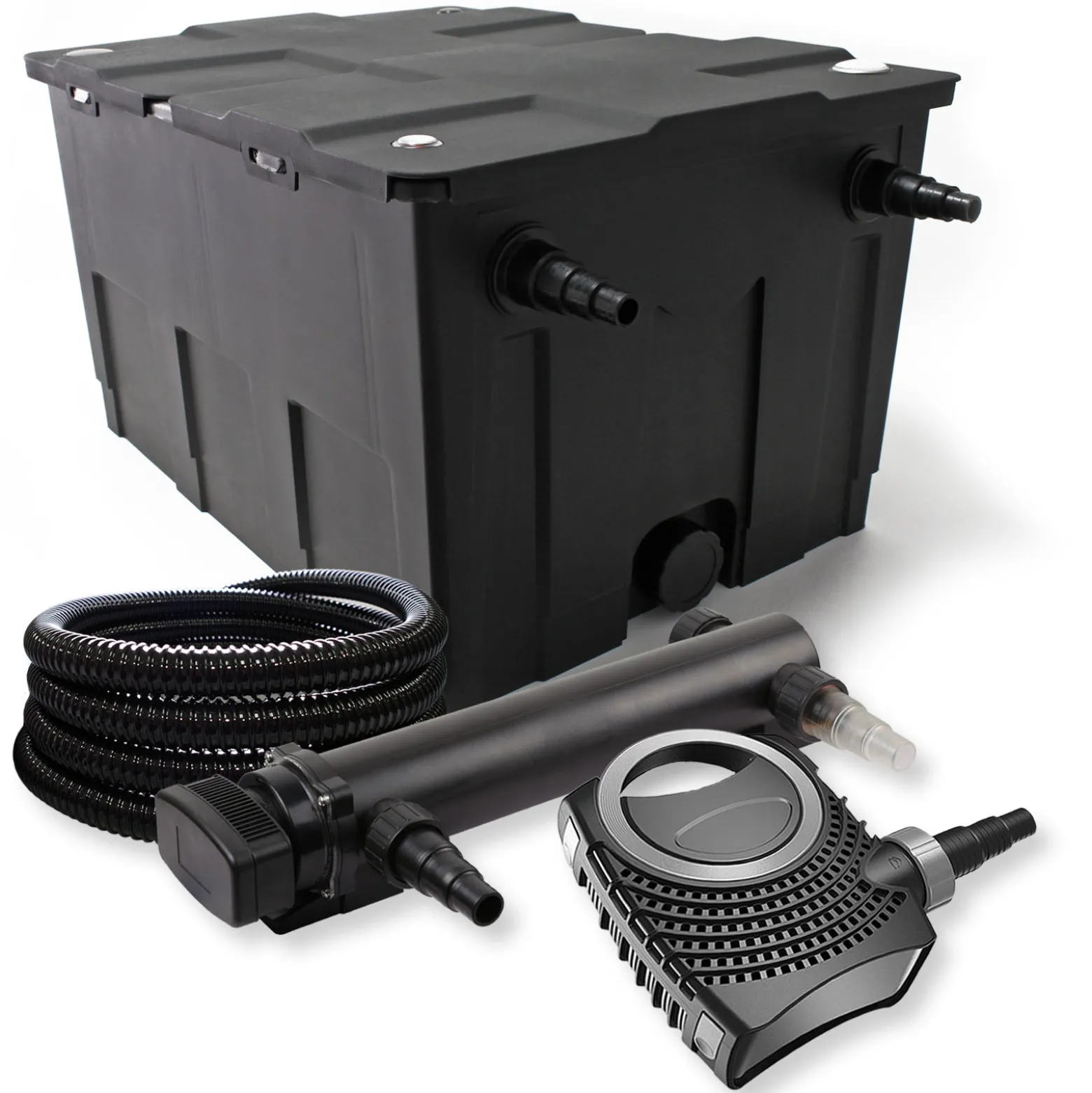 SunSun Komplettset: CBF-550 Teichfilter bis 60000 L Teichfilteranlage als Durchlauffilter, NEO10000 SuperECO Teichpumpe 10000l/h 80W, CUV-336 Teichklärer UVC Klärer mit 36W, 25m Teichschlauch 25 mm