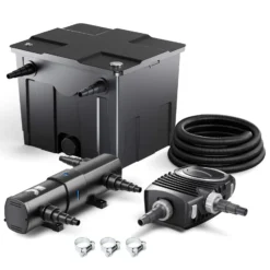 SunSun Komplettset: CBF-350 Teichfilter bis 12000 L Teichfilteranlage Durchlauffilter, NEO8000 Teichpumpe 8000l/h 70W, CUV-224 Teichklärer 24W, 10m Teichschlauch 38 mm, Schlauchschellen W1 44-47mm