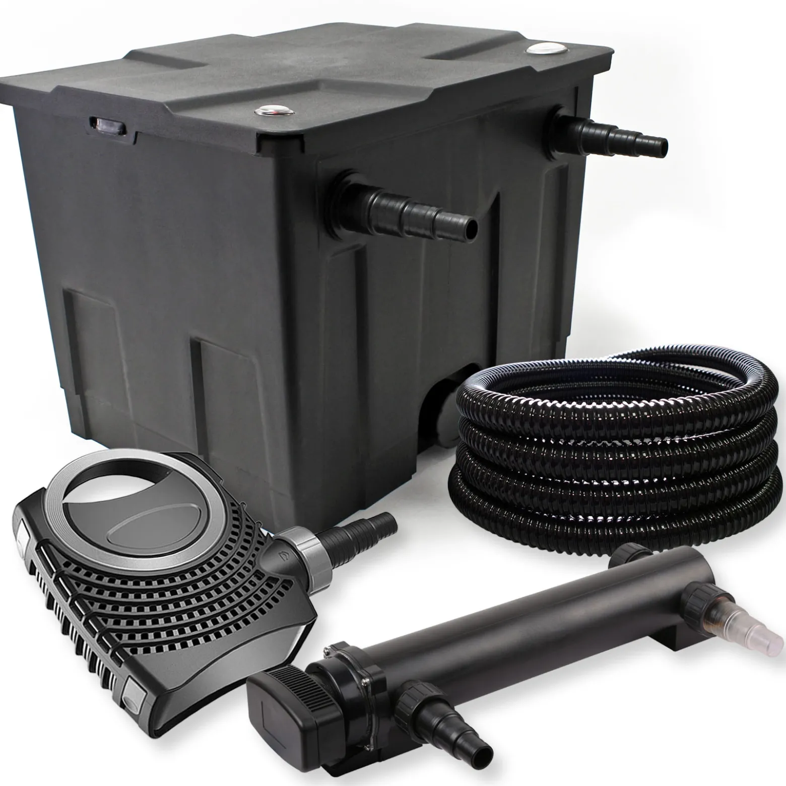 SunSun Komplettset: CBF-350 Teichfilter bis 12000 L Teichfilteranlage als Durchlauffilter, CTF-8000 SuperECO Teichpumpe 8000l/h 70W, CUV-336 Teichklärer UVC Klärer mit 36W, 25m Teichschlauch 25 mm