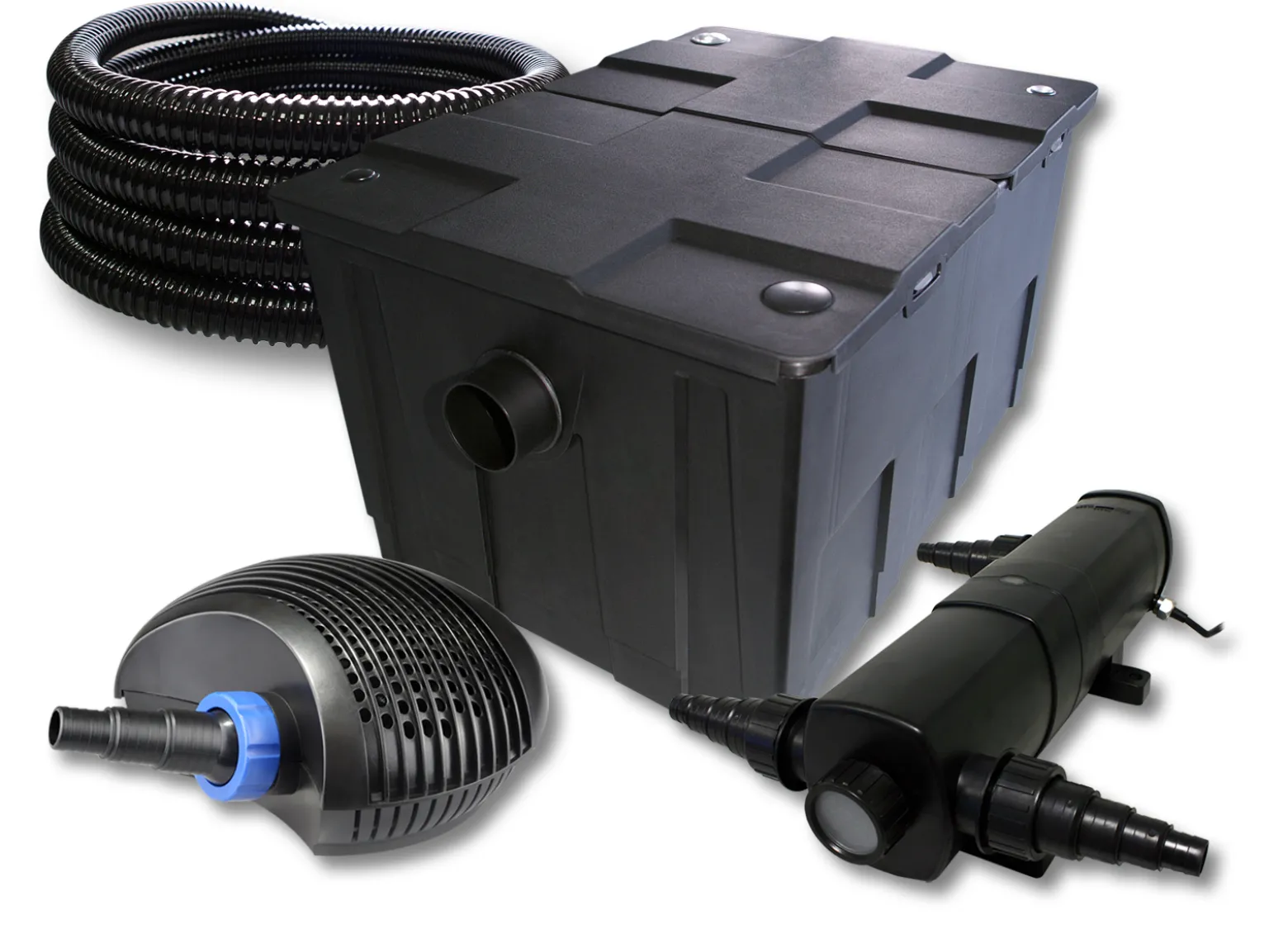 SunSun Komplettset: CBF-550 Teichfilter bis 60000 L Teichfilteranlage als Durchlauffilter, CTF-6000 SuperECO Teichpumpe 6000l/h 40W, CUV-224 Teichklärer UVC Klärer mit 24W, 25m Teichschlauch 25 mm