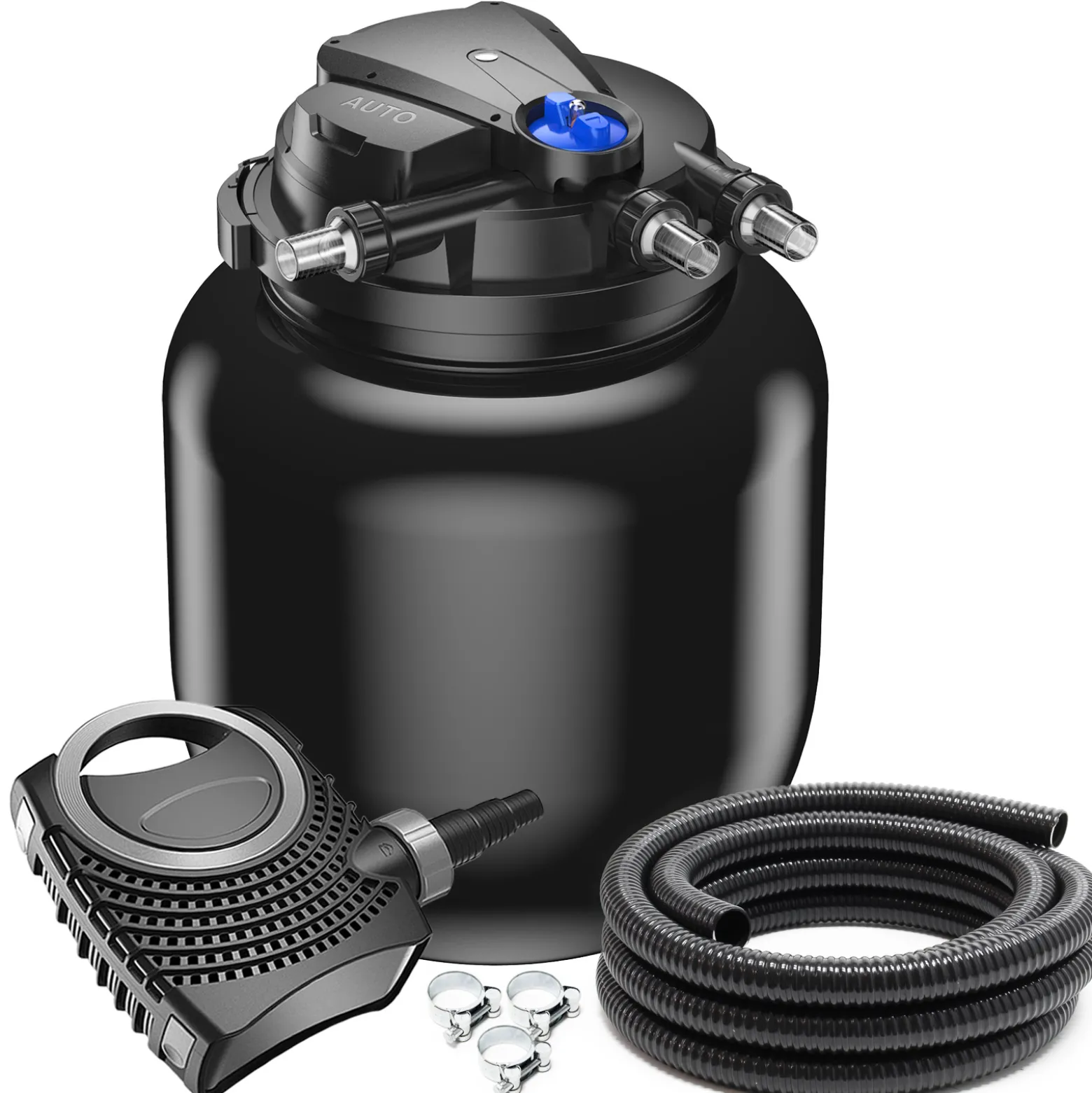 SunSun Komplettset: CPA-50000 Teichdruckfilter bis 100000 L mit 55 Watt UV-C Teichklärer, NEO10000 SuperECO Teichpumpe 10000l/h 80W, 10m Teichschlauch 38 mm (1 1/2"), Schlauchschellen W1 44-47mm