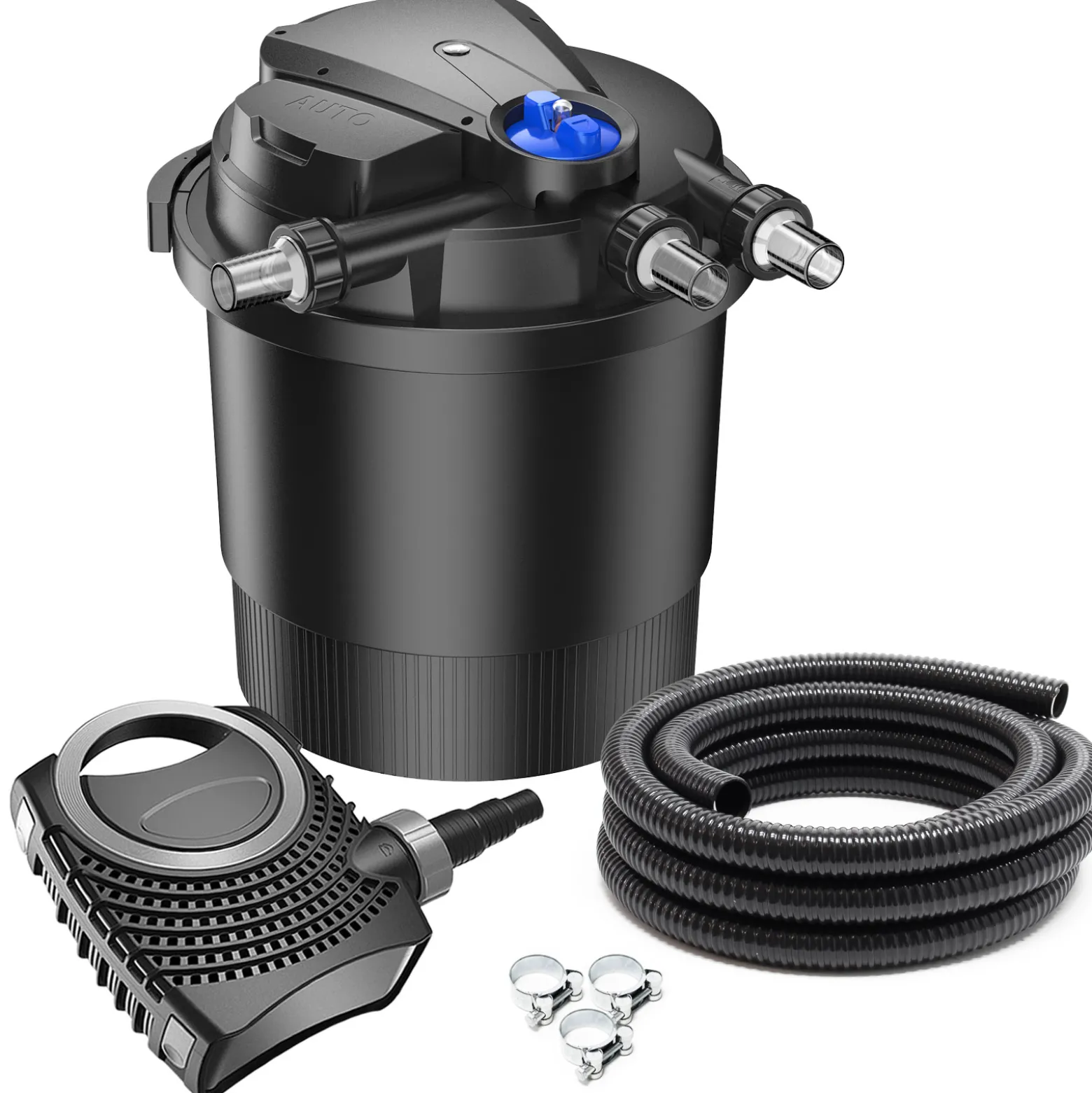 SunSun Komplettset: CPA-20000 Teichdruckfilter bis 40000 L mit 36 Watt UV-C Teichklärer, NEO12000 SuperECO Teichpumpe 12000l/h 100W, 10m Teichschlauch 38 mm (1 1/2"), Schlauchschellen W1 44-47mm