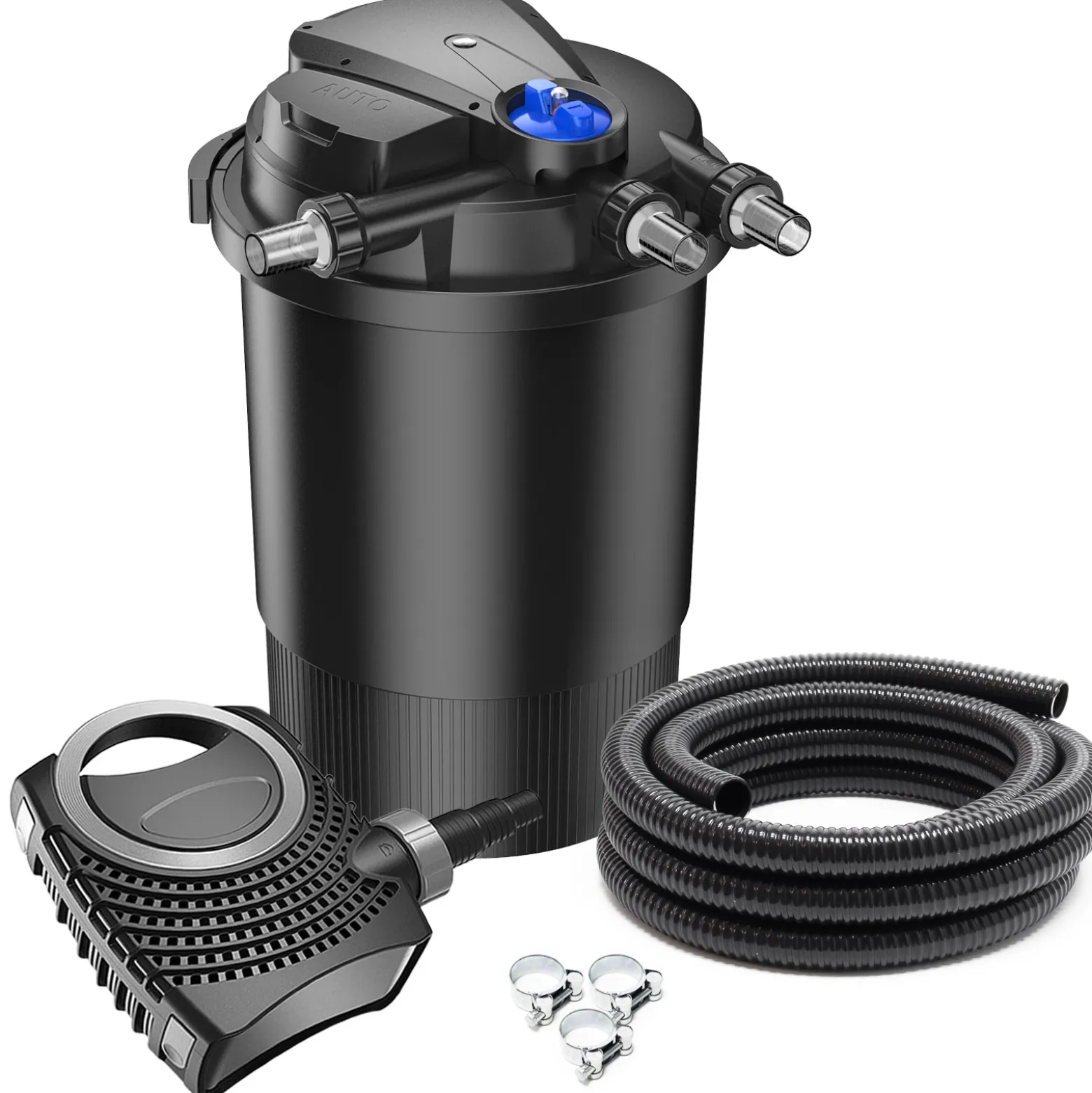 SunSun Komplettset: CPA-30000 Teichdruckfilter bis 60000 L mit 55 Watt UV-C Teichklärer, NEO12000 SuperECO Teichpumpe 12000l/h 100W, 10m Teichschlauch 38 mm (1 1/2"), Schlauchschellen W1 44-47mm