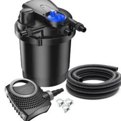 SunSun Komplettset: CPA-2500 Teichdruckfilter bis 6000 L mit 11 Watt UV-C Teichklärer, NEO3800 SuperEco Teichpumpe 3600l/h 20W, 5m Teichschlauch 32 mm (1 1/4"), Schlauchschellen W1 44-47mm