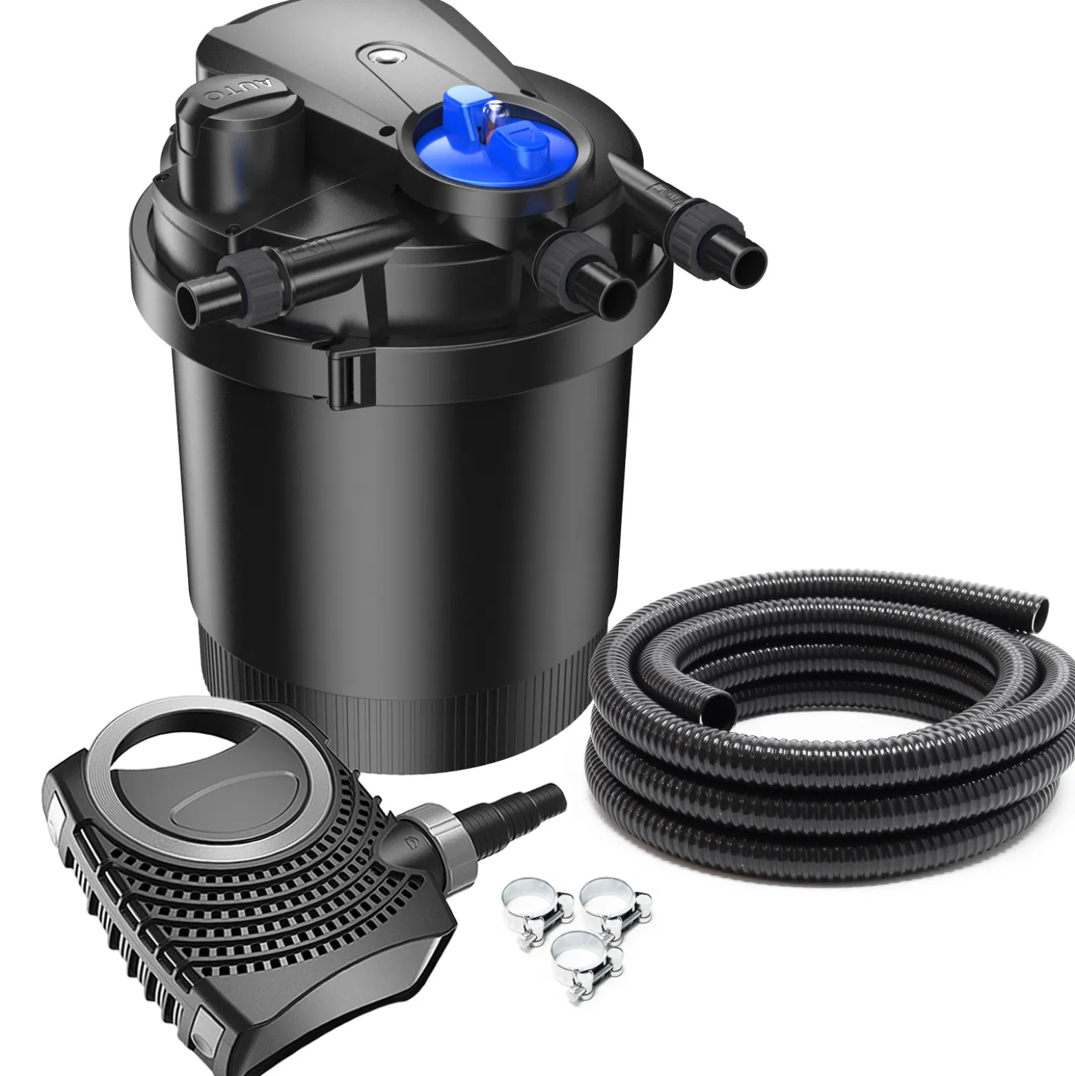 SunSun Komplettset: CPA-2500 Teichdruckfilter bis 6000 L mit 11 Watt UV-C Teichklärer, NEO6000 SuperEco Teichpumpe 6000l/h 40W, 5m Teichschlauch 32 mm (1 1/4"), Schlauchschellen W1 44-47mm