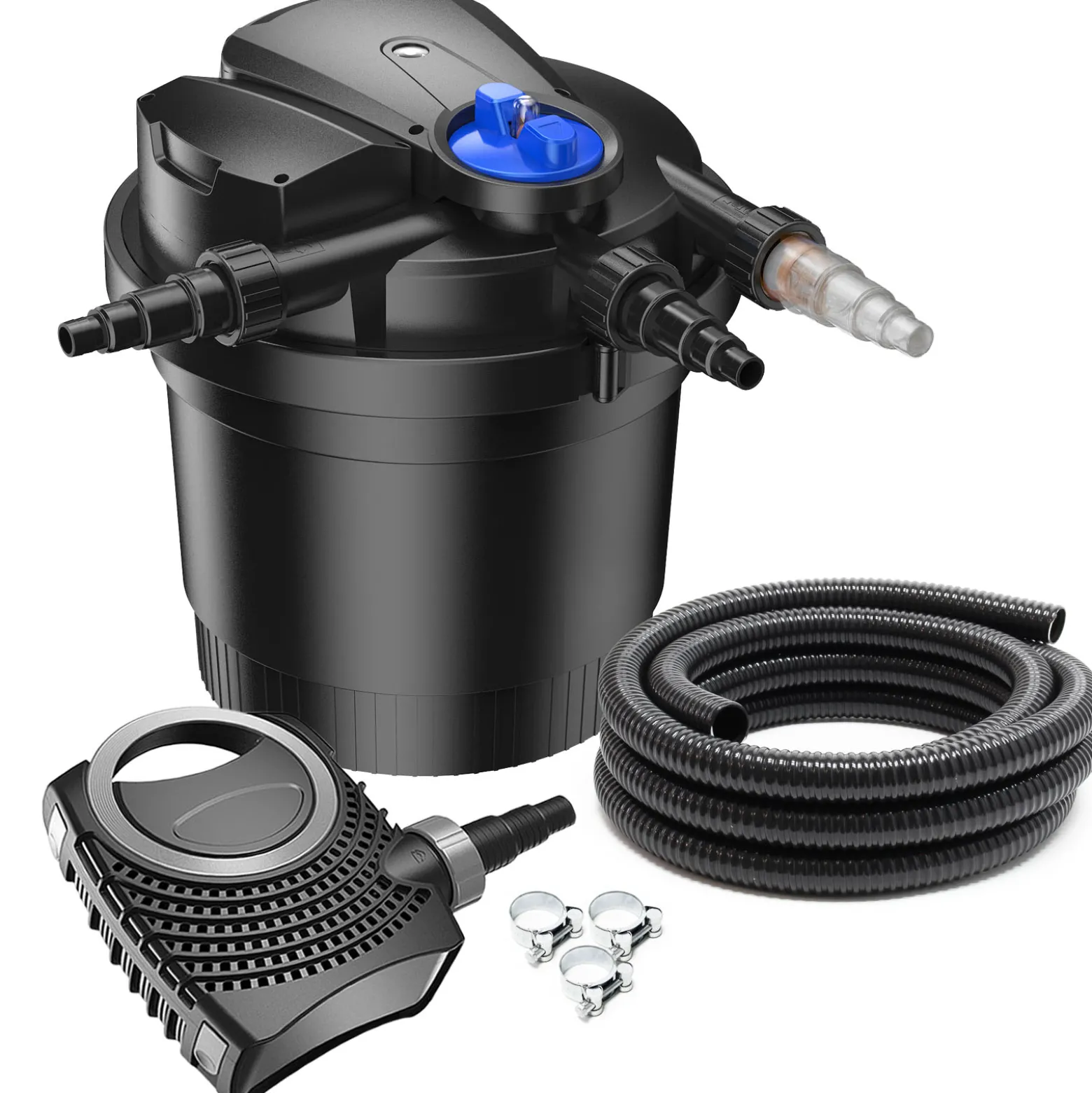 SunSun Komplettset: CPA-5000 Teichdruckfilter bis 8000 L mit 11 Watt UV-C Teichklärer, NEO8000 SuperEco Teichpumpe 8000l/h 70W, 10m Teichschlauch 38 mm (1 1/2"), Schlauchschellen W1 44-47mm
