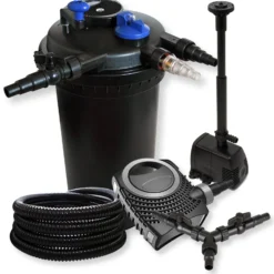 SunSun Komplettset: CPF-15000 Teichdruckfilter bis 30000 L mit 18 Watt UV-C Teichklärer, CTF-8000 Teichpumpe 8000l/h 70W, 25m Teichschlauch 25 mm, HJ-943 Springbrunnenpumpe 800l/h 16W, Y-Verteiler