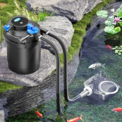 SunSun Komplettset: CPF-2500 Teichdruckfilter bis 6000 L mit 11 Watt UV-C Teichklärer, NEO-2800 SuperECO Teichpumpe 3000l/h 10W, 5m Teichschlauch 32 mm (1 1/4"), Schlauchschellen W1 44-47mm