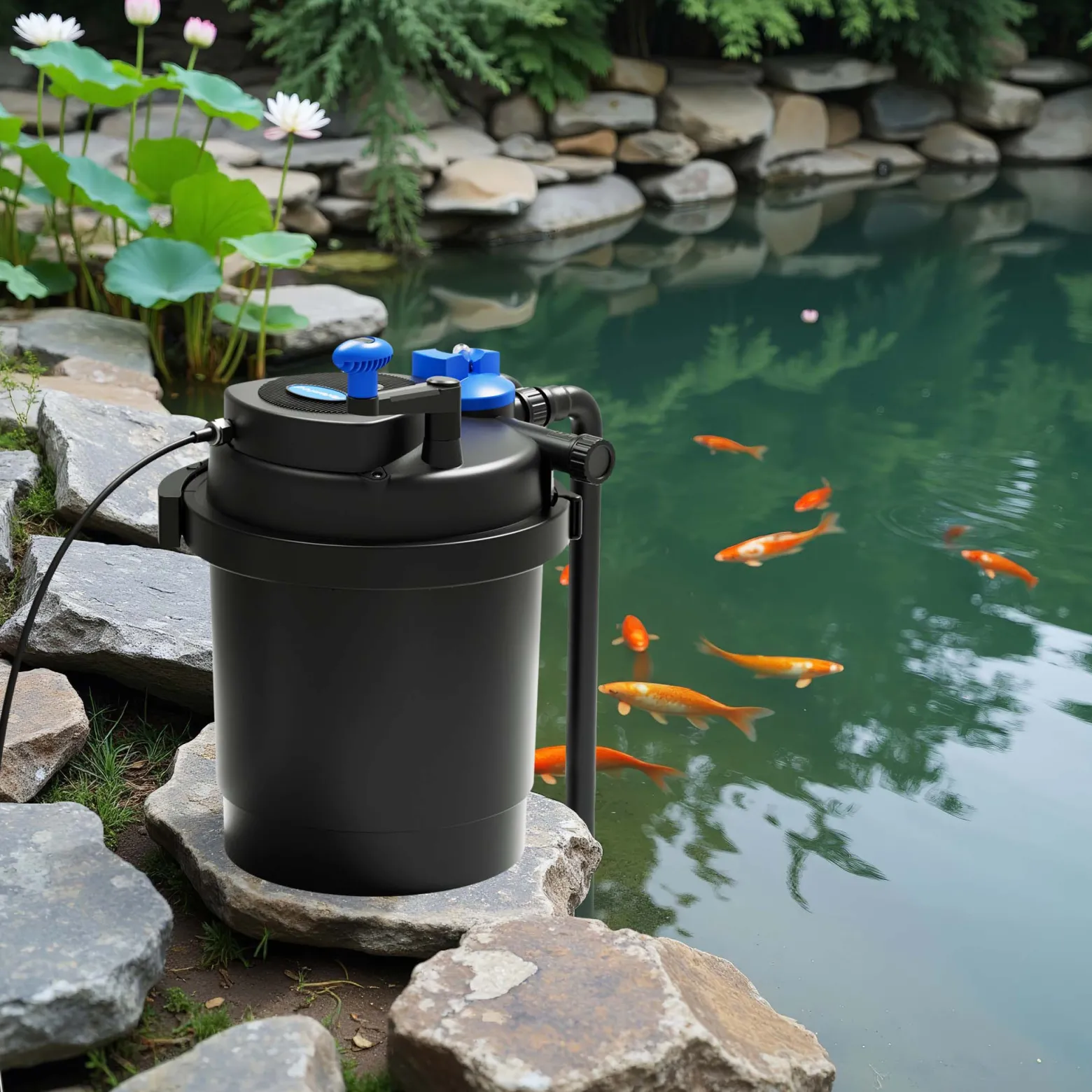SunSun Komplettset: CPF-2500 Teichdruckfilter bis 6000 L mit 11 Watt UV-C Teichklärer, NEO-2800 SuperECO Teichpumpe 3000l/h 10W, 5m Teichschlauch 32 mm (1 1/4"), Schlauchschellen W1 44-47mm