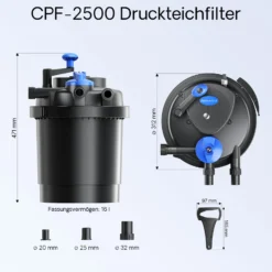 SunSun Komplettset: CPF-2500 Teichdruckfilter bis 6000 L mit 11 Watt UV-C Teichklärer, NEO-2800 SuperECO Teichpumpe 3000l/h 10W, 5m Teichschlauch 32 mm (1 1/4