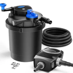 SunSun Komplettset: CPF-2500 Teichdruckfilter bis 6000 L mit 11 Watt UV-C Teichklärer, NEO3800 SuperEco Teichpumpe 3600l/h 20W, 5m Teichschlauch 32 mm (1 1/4"), Schlauchschellen W1 44-47mm